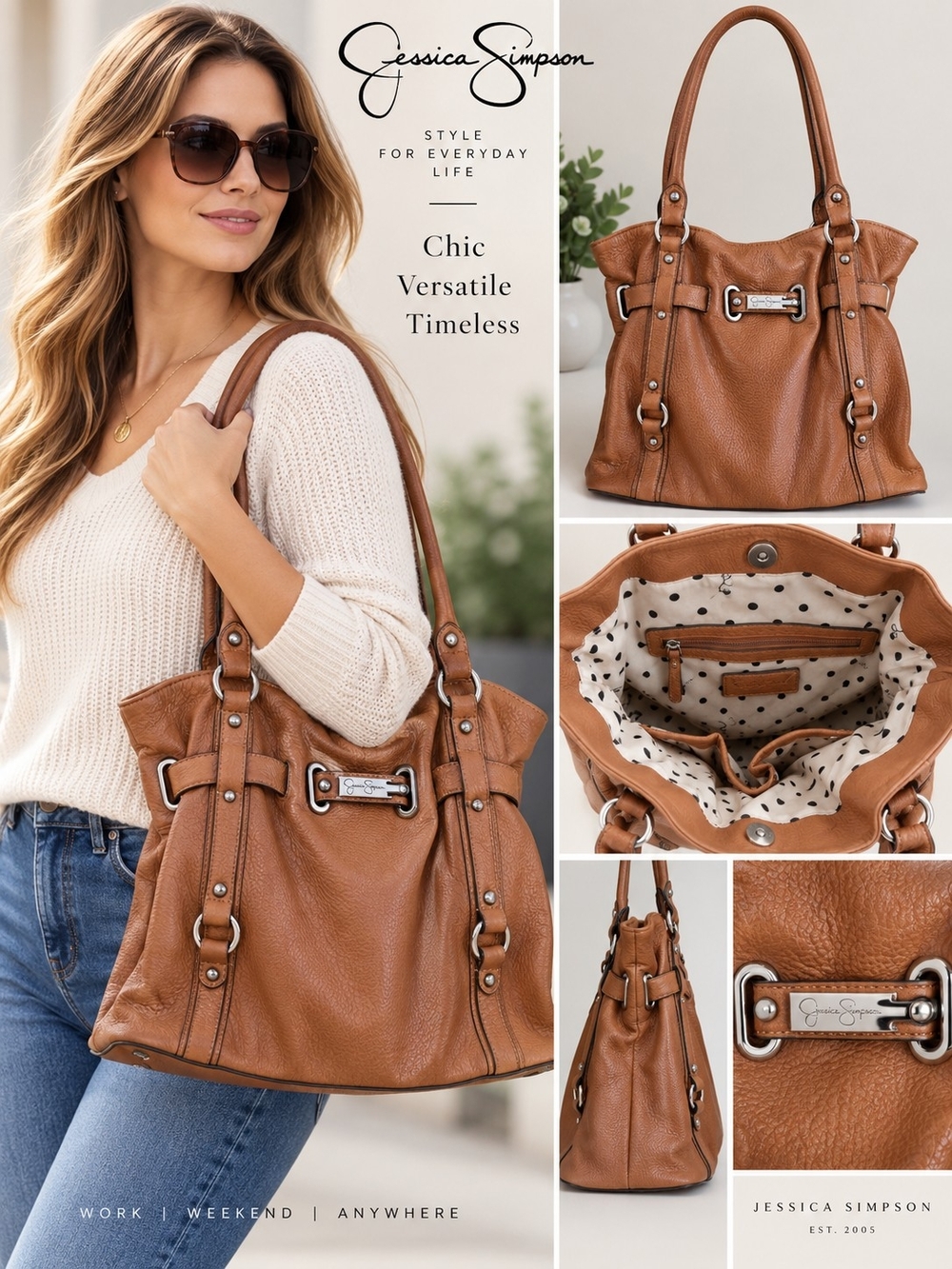 Jessica Simpson Cognac Pebble Tote Bag with Silver Hardware